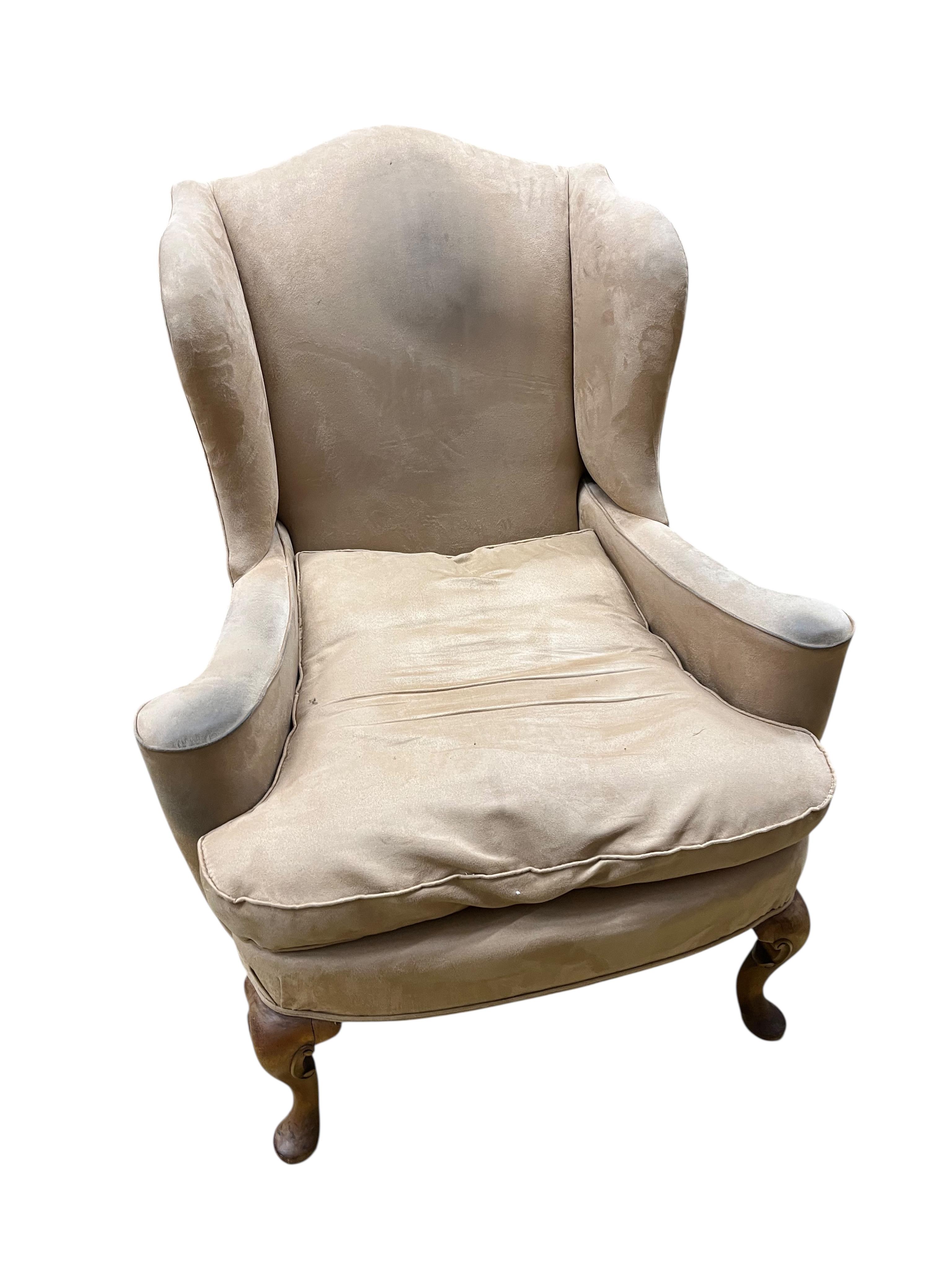 A pair of George III upholstered armchairs, width 85cm, depth 65cm, height 106cm